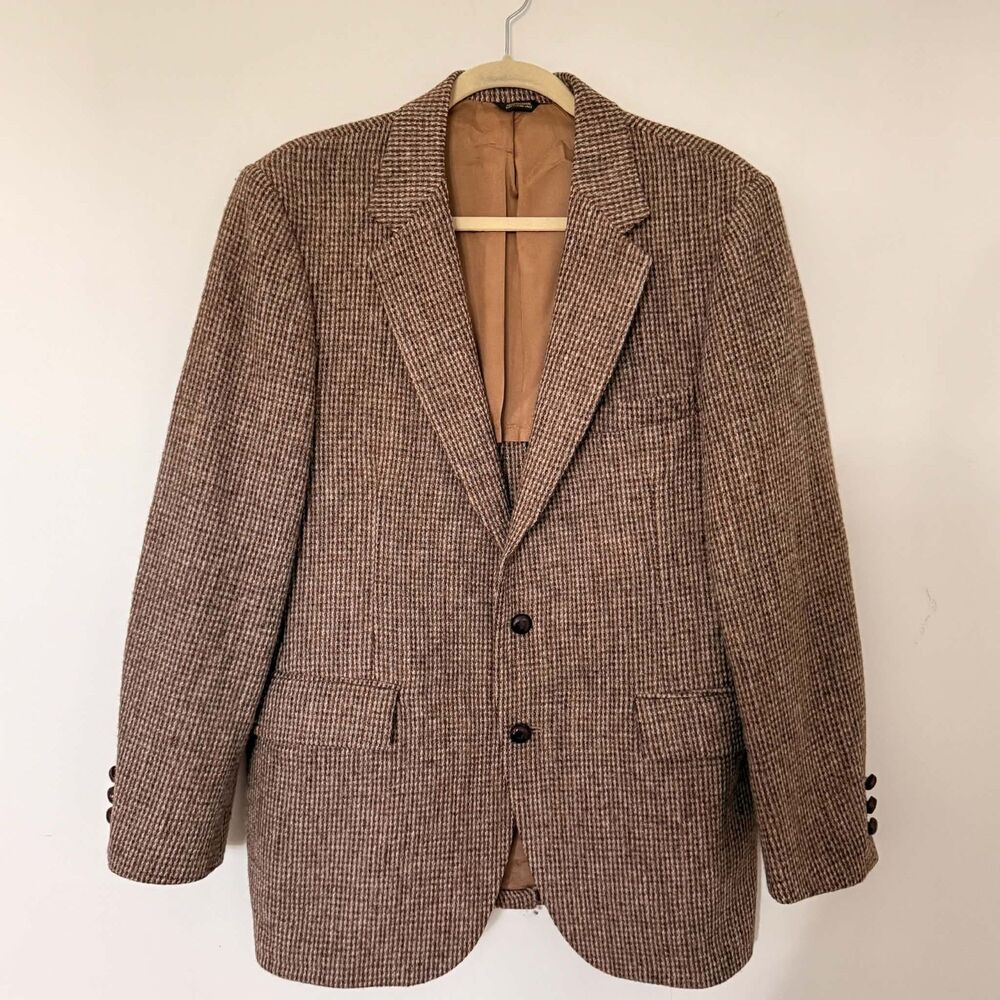 VTG Harris Tweed Houndstooth Scottish Wool Handwoven Blazer Jacket Scholar 40R